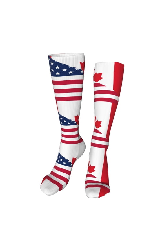 USA Canada Flag print Women's Men's Novelty 20in Crew Socks Cotton Socks Knee High Socks for Walking,Running,Nurses,Pregnancy-One Size