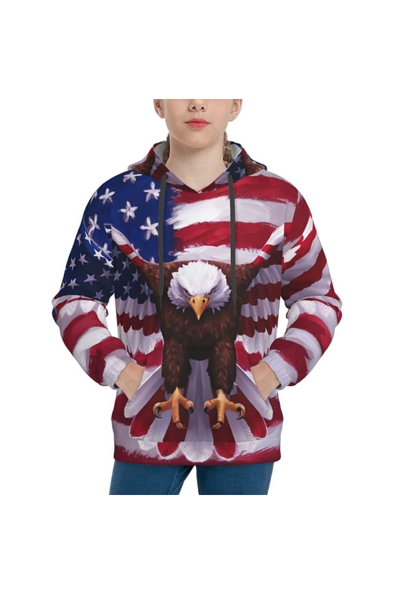 USA Eagle with Spread Wings Pattern Boys Hoodie, Youth Pullover Hooded Sweatshirt, Kangaroo Pocket Hoodie for Kids-Large