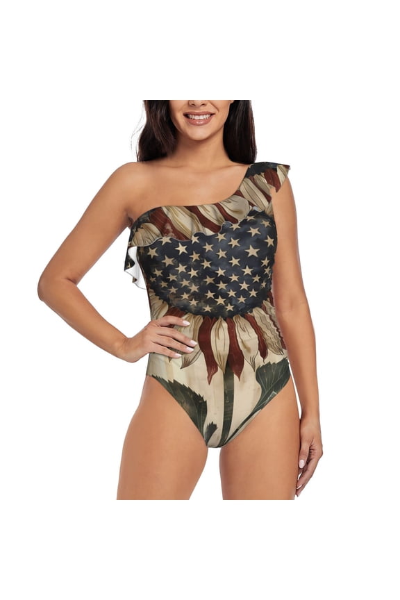 USA Sunflower Flag Pattern Women One Piece Swimsuits Tummy Control One Shoulder Bathing Suits Ruffle Swimwear-
