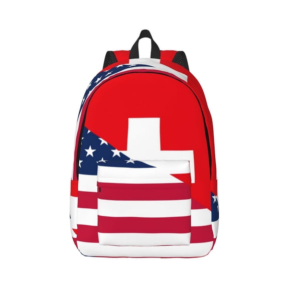 Rateoe USA Switzerland Pattern Canvas College Laptop Backpack,Travel Daypack,Durable Rucksack Travel Notebook Bag School Backpack Book Bag for Men Women-Small