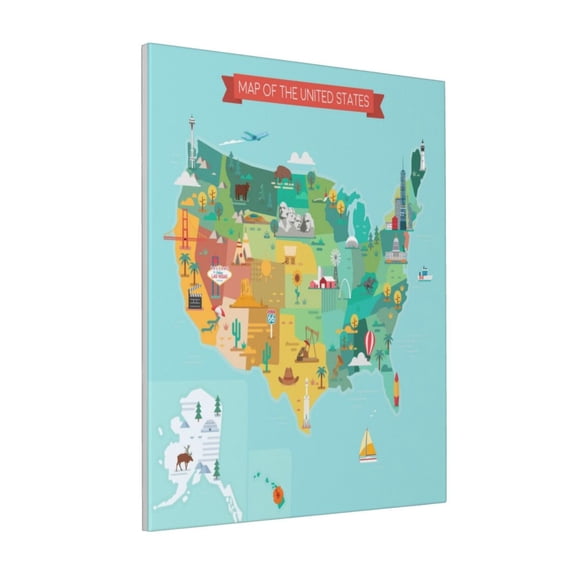 Rateoe USA Tourist Map Pattern Decorative Picture – Unique Modern Wall Art, Ready-to-Hang Canvas Print for Home (Vertical)