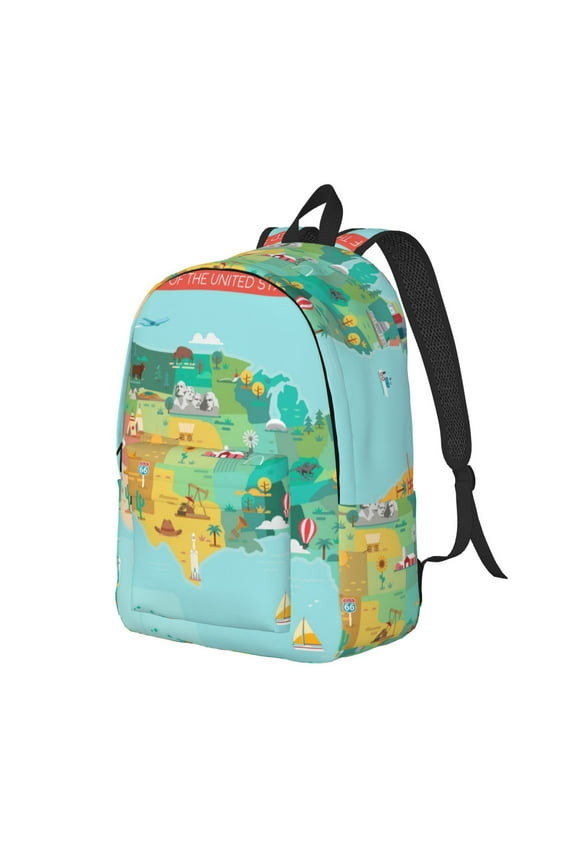 USA Tourist Map Pattern Durable Canvas Backpack for Men & Women – Stylish & Lightweight – Adjustable Straps, Multiple Pockets – Fits 15-17 Inch LaptopsSmall