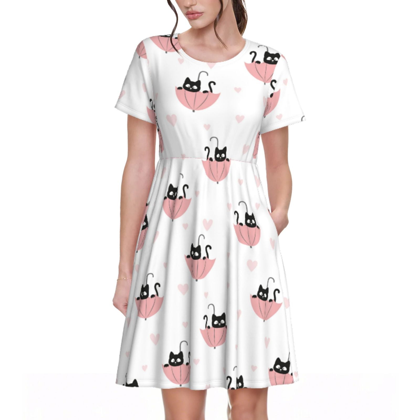 Rateoe Umbrella Cat Pattern Women's Short Sleeve Dress  Casual Elegant  Summer A-Line Dress for Everyday Wear - Walmart.com
