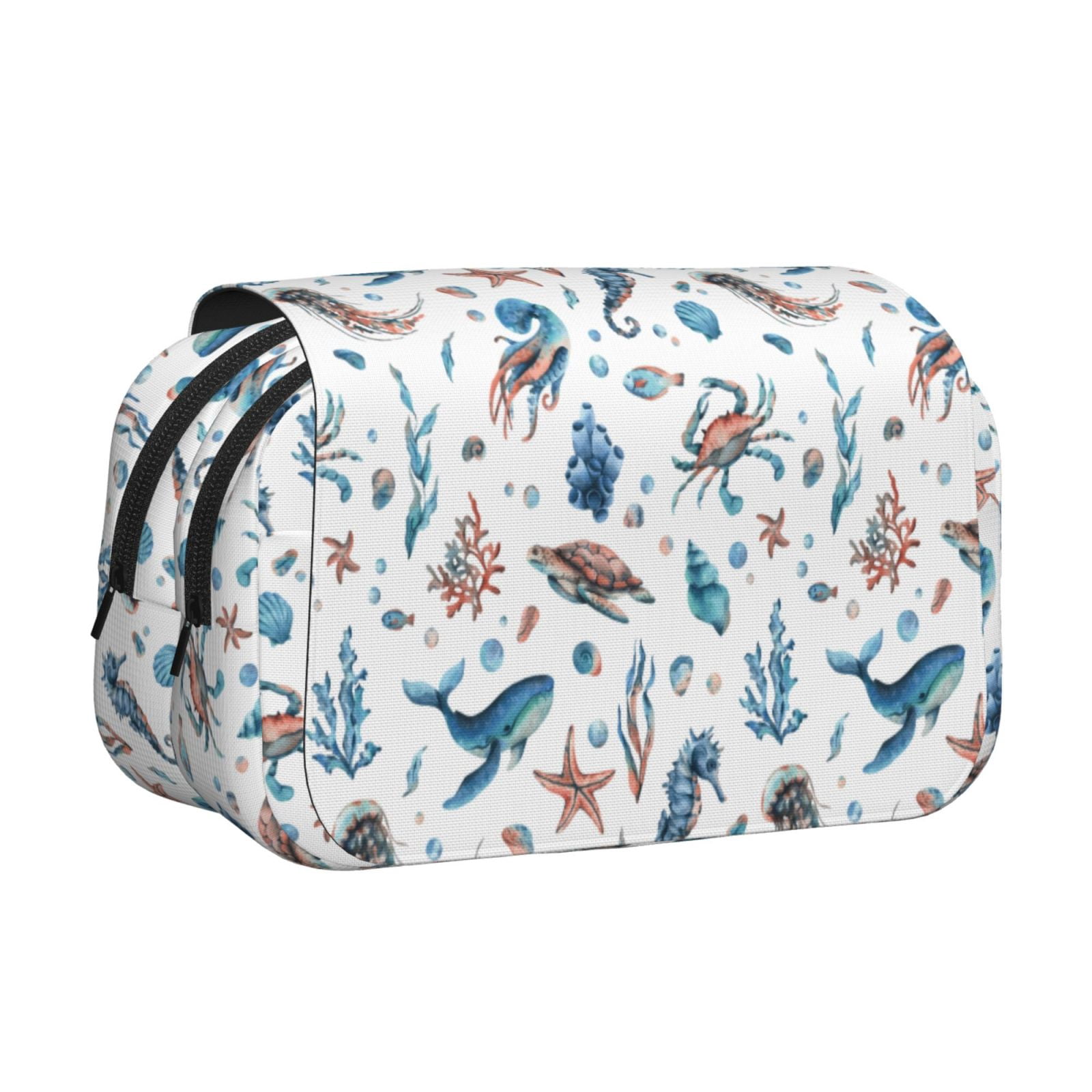Rateoe Undersea Animals Pattern Double Clamshell Pen Case, Storage Organizer with Two Zipper Compartments– Holds Up to 50 Pencils & Pens