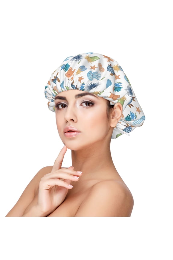 Undersea Animals Pattern Silk Satin Hair Bonnet for Sleeping, Adjustable Sleep Cap Turban for Women , Curly Straight Hair Long Large Braid