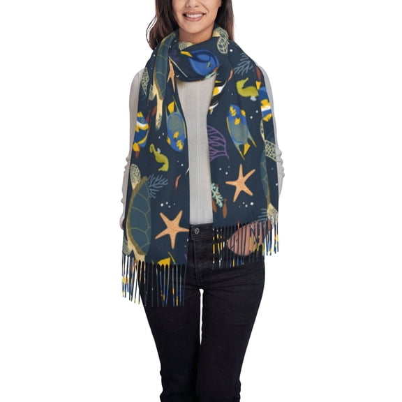 Rateoe Undersea Animals Women's Traditional Scarf Wrap Tassel Shawl Fringes Neck Head Shawl Retro Scarf