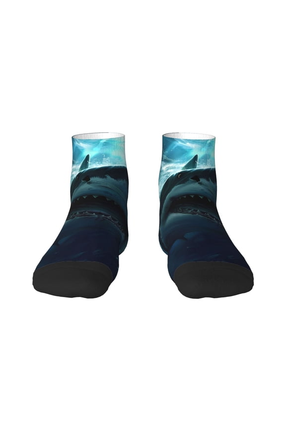 Undersea Shark Pattern Quarter Crew Socks,Toe Seamed Ankle Socks,Cotton Cushioned Breathable Athletic Crew Sports Socks