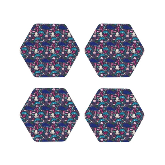 Rateoe Underwater Animals Drawing Drink Coasters Set of 4 Leather Coasters Spill Protection for Table Desk,Durable and Non Slip Leather Coaster ,4 Inches Drink Mats-Hexagon
