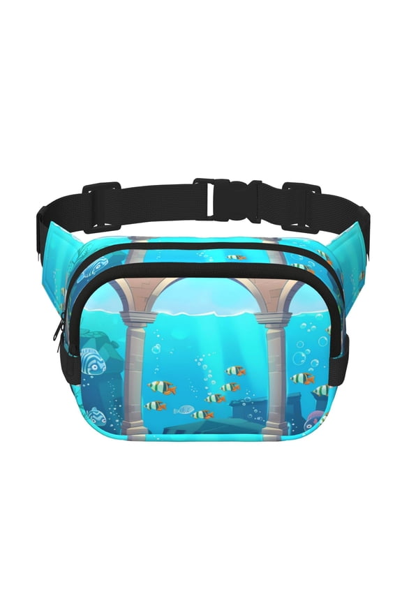 Underwater Aquarium Arches Print Fanny Pack Belt Bag for Women and Men, Square Double-Layer Waterproof Waist Pack with Adjustable Strap for Hiking, Jogging, Cycling
