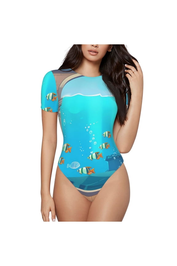 Underwater Aquarium Arches Printed Women Rash Guard Short Sleeve,Tummy control Swimsuit Surfing Swimsuit Bathing Suit Short-sleeved Onesie UPF 50+ -Small