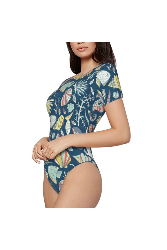 Underwater Creature Printed Women Rash Guard Short Sleeve,Tummy control Swimsuit Surfing Swimsuit Bathing Suit Short-sleeved Onesie UPF 50+