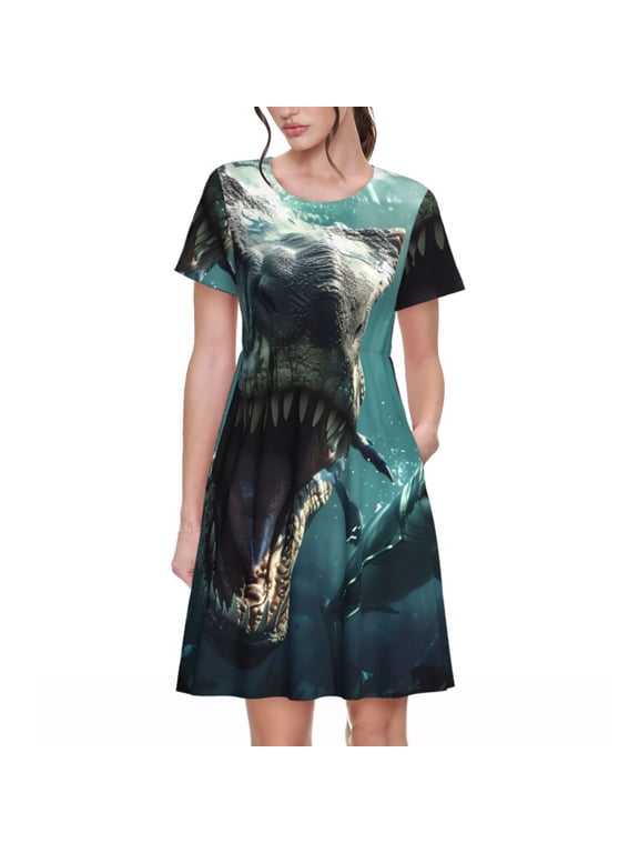 Underwater Dinosaur Shark Pattern Women’s Short Sleeve Dress – Casual Elegant Summer A-Line Dress for Everyday Wear