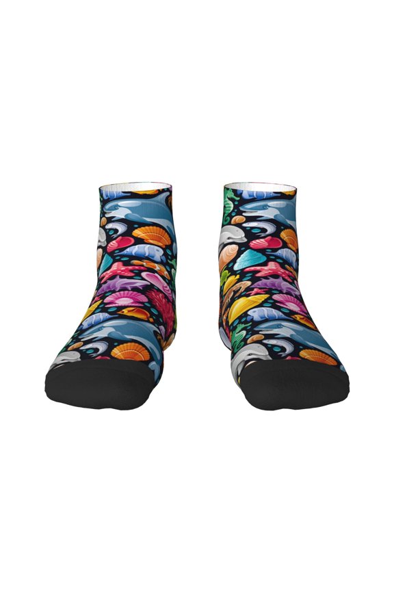 Underwater Diving Animals Pattern Quarter Crew Socks,Toe Seamed Ankle Socks,Cotton Cushioned Breathable Athletic Crew Sports Socks