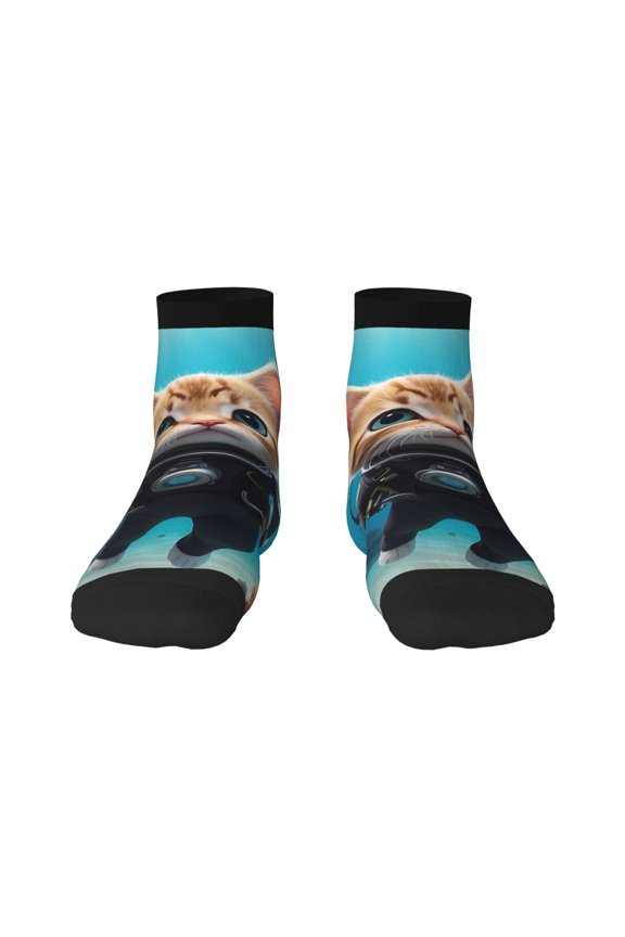 Underwater Diving Cat Pattern Quarter Crew Socks,Toe Seamed Ankle Socks,Cotton Cushioned Breathable Athletic Crew Sports Socks