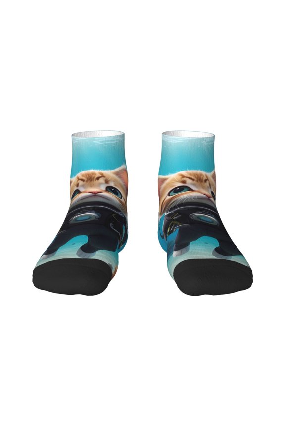 Underwater Diving Cat Pattern Quarter Crew Socks,Toe Seamed Ankle Socks,Cotton Cushioned Breathable Athletic Crew Sports Socks