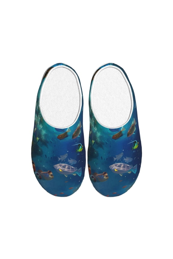 Underwater Fish Turtle Print Women's Men's Cotton Knit Slippers Lightweight Memory Foam Indoor House Shoes with Anti-Skid Sole-35/36