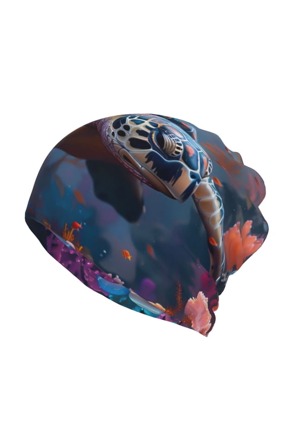 Underwater Lazy Turtle Cotton Slouchy Beanie Hat for Men/Women,Lightweight Oversize Large Thin Skull Cap Night Sleeping Cap