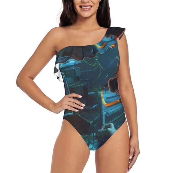 Rateoe Underwater Office Diver Pattern Women One Piece Swimsuits Tummy Control One Shoulder Bathing Suits Ruffle Swimwear-
