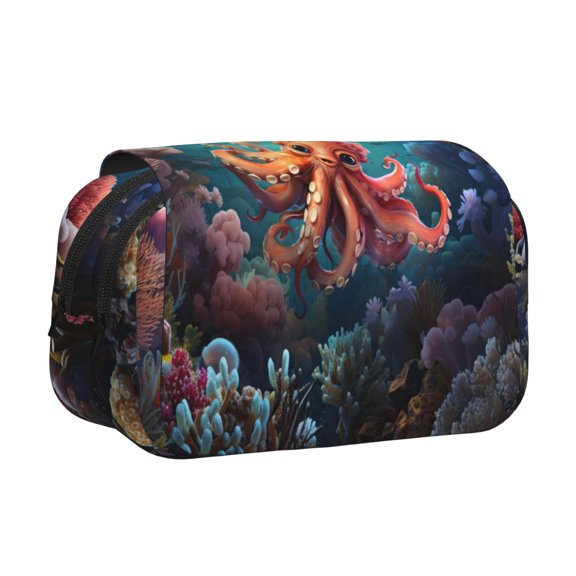 Rateoe Underwater Plant Octopus Pattern Double Clamshell Pen Case, Storage Organizer with Two Zipper Compartments Holds Up to 50 Pencils & Pens