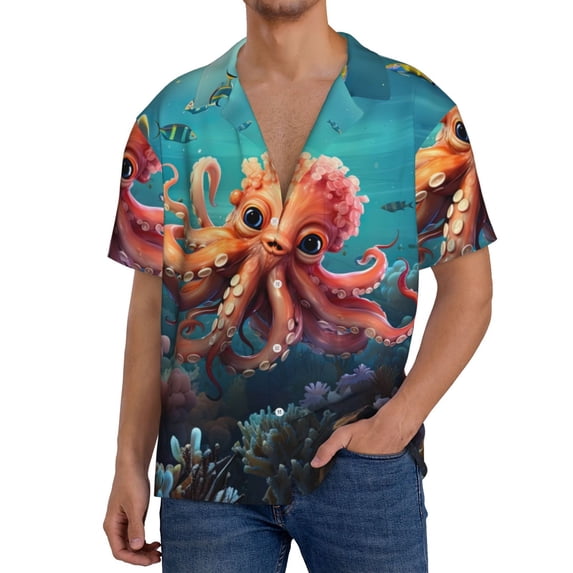 Rateoe Underwater Plant Octopus Pattern Men's Short Sleeve Classic Shirt, Casual Short-Sleeved Shirt, Lightweight Summer Shirt, Cuban Collar Shirt,Button-Front Shirt-3X-Large