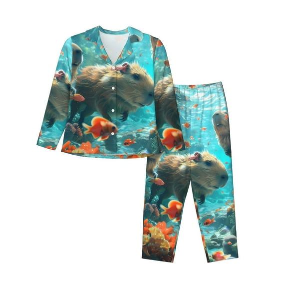 Rateoe Underwater Swimming Guinea Pig Pattern Womens Pajamas Set Long Sleeve Sleepwear Button Down Nightwear Soft Cotton Pj Lounge Sets