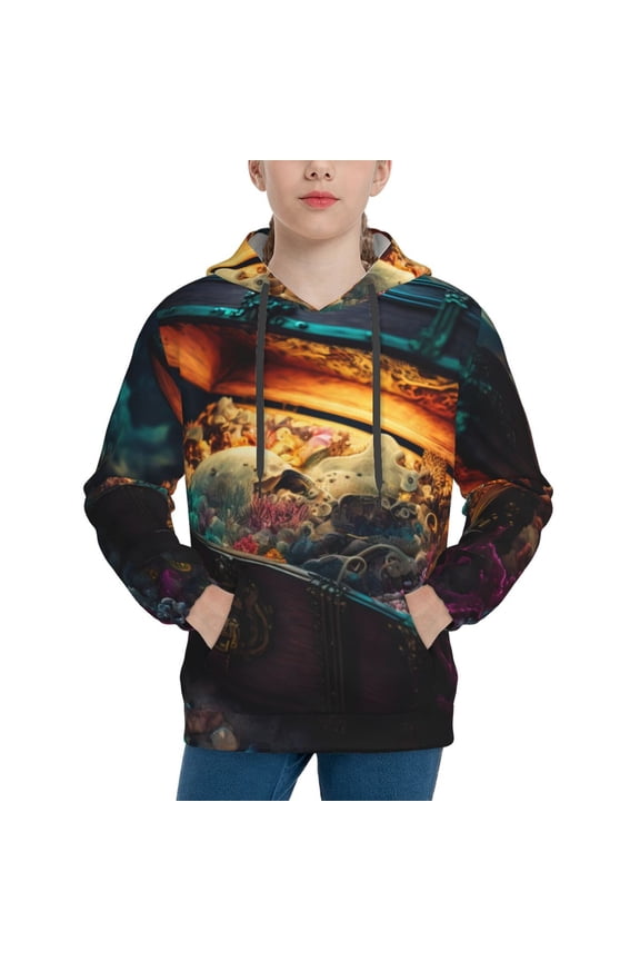 Underwater Treasure Chest Pattern Boys Hoodie, Youth Pullover Hooded Sweatshirt, Kangaroo Pocket Hoodie for Kids-Large