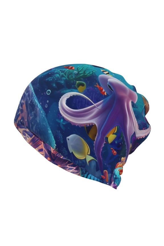 Underwater Turtle Dolphin Octopus Cotton Slouchy Beanie Hat for Men/Women,Lightweight Oversize Large Thin Skull Cap Night Sleeping Cap