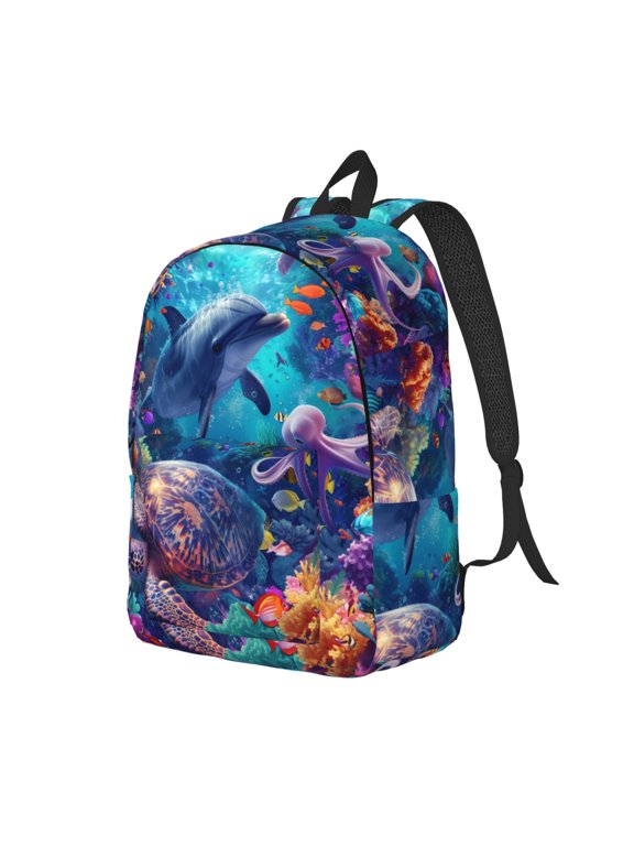 Underwater Turtle Dolphin Octopus Pattern Durable Canvas Backpack for Men & Women – Stylish & Lightweight – Adjustable Straps, Multiple Pockets – Fits 15-17 Inch LaptopsSmall