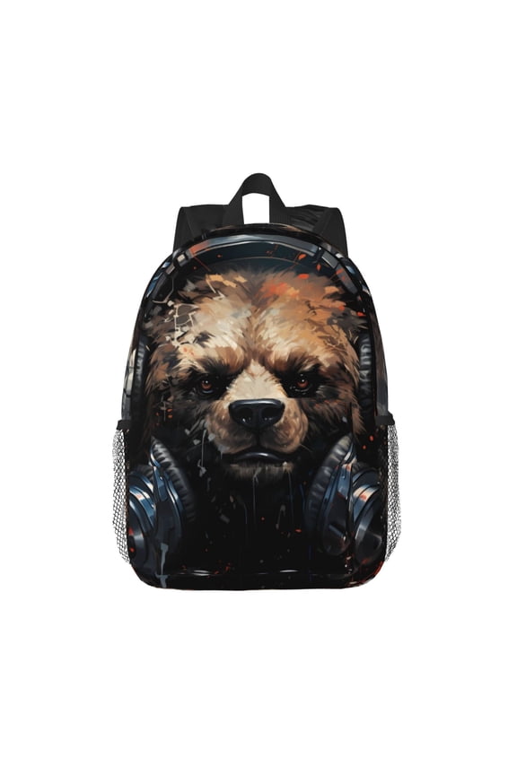 Urban Bear With Headphones Pattern Student Backpack Water-resistant Backpack 15-inch Laptop Backpack Lightweight Adjustable School Backpack