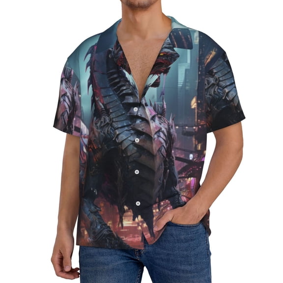 Rateoe Urban Mechanical Dragon Pattern Men's Short Sleeve Classic Shirt, Casual Short-Sleeved Shirt, Lightweight Summer Shirt, Cuban Collar Shirt,Button-Front Shirt-Small