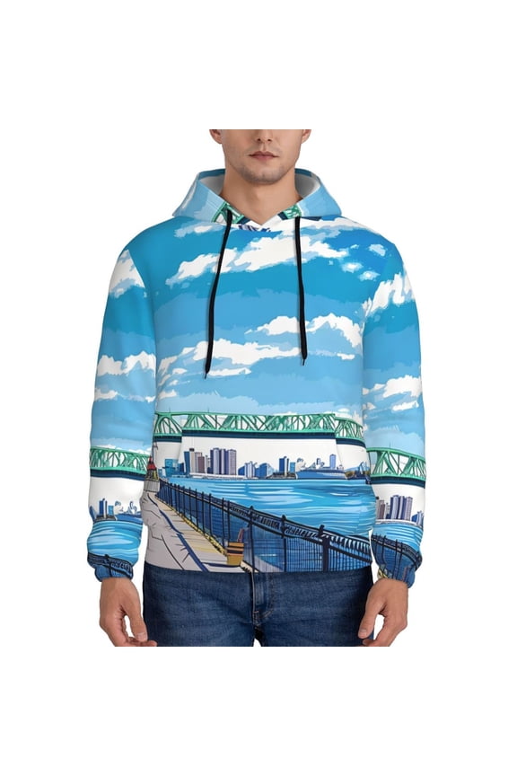 Urban Riverside Clock Tower Pattern Mens Hoodie, Pullover Hooded Sweatshirt, Kangaroo Pocket Hoodie Ideal for Daily Wear, Travel and Home-Small