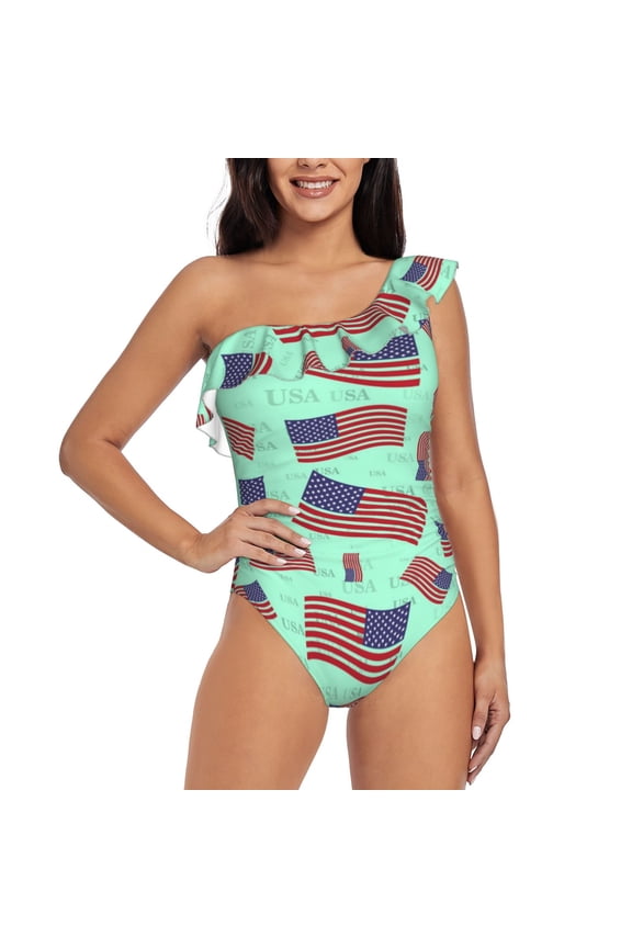 Usa Flag Pattern Women One Piece Swimsuits Tummy Control One Shoulder Bathing Suits Ruffle Swimwear-Medium