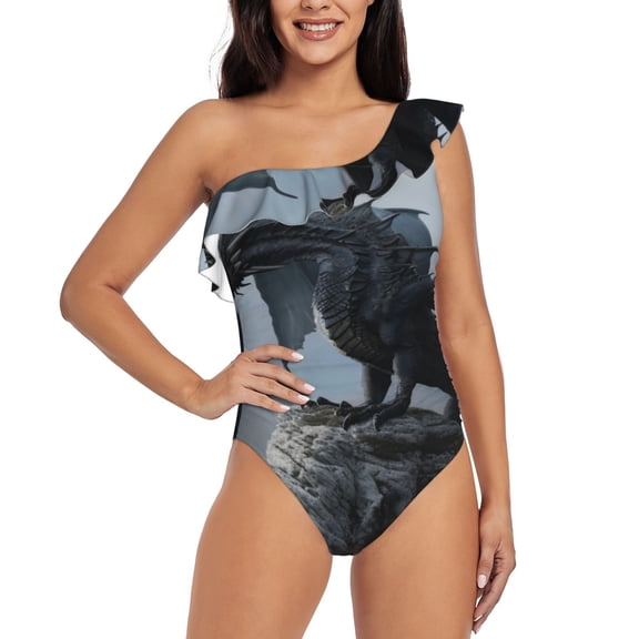 Rateoe Valley Gray Dragon Pattern Women One Piece Swimsuits Tummy Control One Shoulder Bathing Suits Ruffle Swimwear-Medium