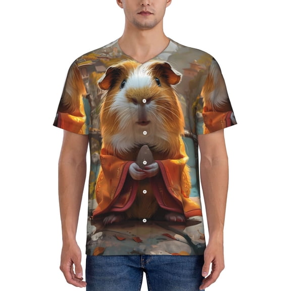 Rateoe Valley Meditating Guinea Pig Pattern Men’s Baseball Short Sleeve Polo Shirt, Midweight Men's Shirt Golf Shirt Polo Shirts Quick Dry Short-4X-Large