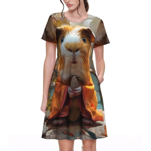 Rateoe Valley Meditating Guinea Pig Pattern Women’s Short Sleeve Dress – Casual Elegant Summer A-Line Dress for Everyday Wear