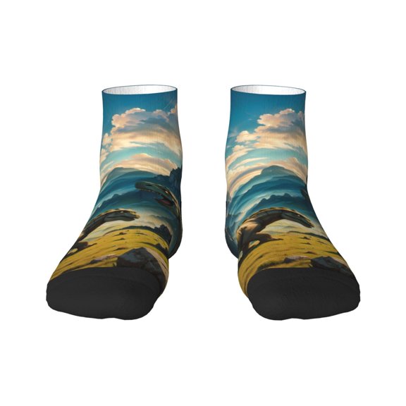Rateoe Valley River Dinosaur Pattern Quarter Crew Socks,Toe Seamed Ankle Socks,Cotton Cushioned Breathable Athletic Crew Sports Socks