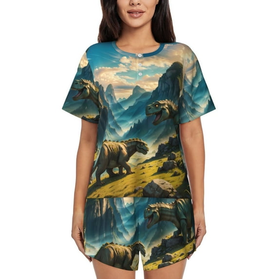 Rateoe Valley River Dinosaur for 2 Piece Short Sleeves Pajama Sets Casual Lounge Sleepwear Ladies Pjs Sets with Pocket-X-Large