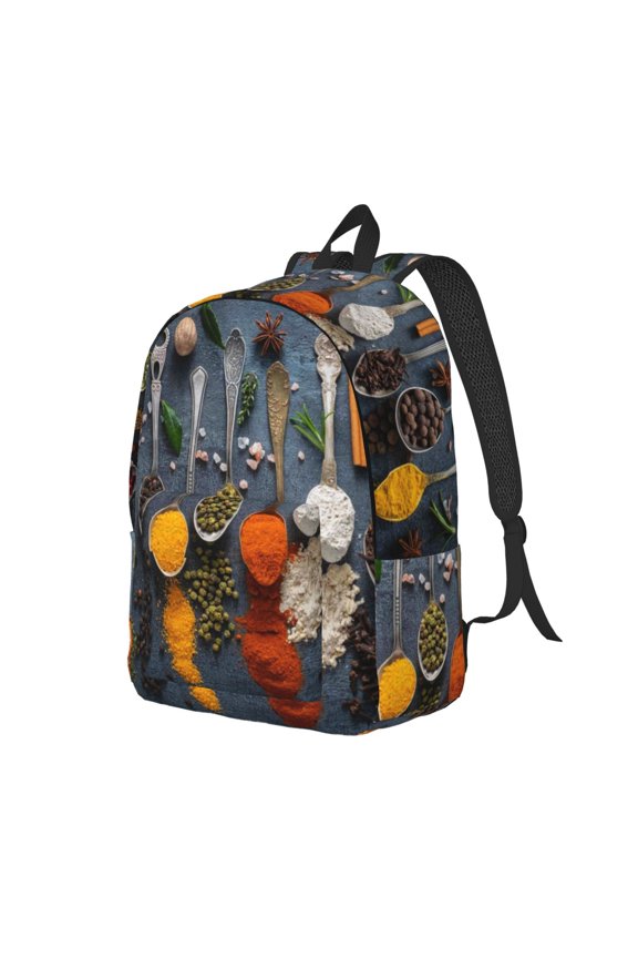 Various Herbs And Spices In Spoons Pattern Durable Canvas Backpack for Men & Women – Stylish & Lightweight – Adjustable Straps, Multiple Pockets – Fits 15-17 Inch LaptopsSmall