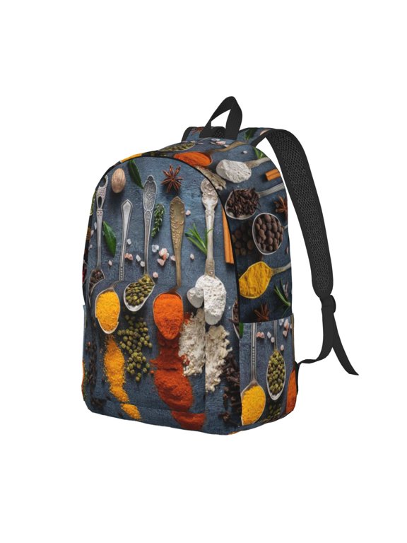 Various Herbs And Spices In Spoons Pattern Durable Canvas Backpack for Men & Women – Stylish & Lightweight – Adjustable Straps, Multiple Pockets – Fits 15-17 Inch LaptopsSmall
