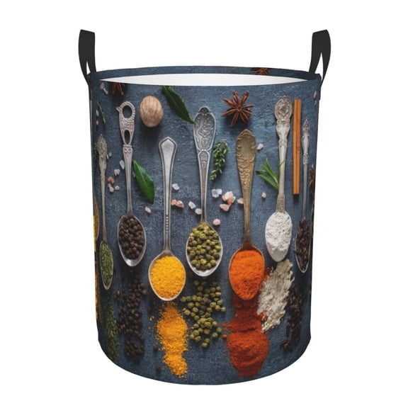 Rateoe Various Herbs And Spices In Spoons Pattern Round Laundry Hamper Basket, Tall Hamper Basket for Blanket Storage, Nursery Clothes Hamper for Laundry in Bedroom and College Dorm-Small