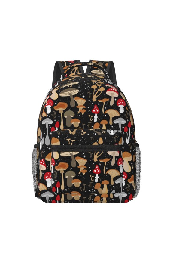 Various Mushrooms Pattern Durable Student Backpack Laptop Bag- Ergonomic Design, Waterproof Twill Fabric - Ideal for School, Travel, and Outdoor Activities
