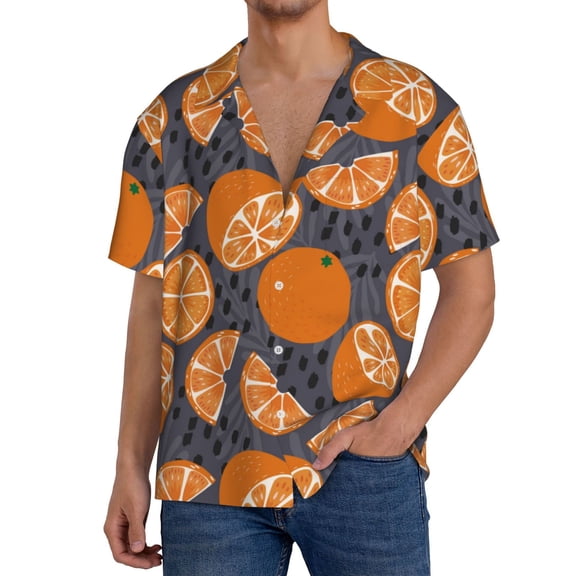 Rateoe Various Oranges Pattern Men's Short Sleeve Classic Shirt, Casual Short-Sleeved Shirt, Lightweight Summer Shirt, Cuban Collar Shirt,Button-Front Shirt-Small