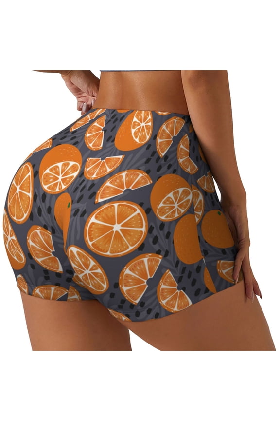 Various Oranges Printed Power Workout Shorts for Women Tummy Control Squat Proof Ribbed Thick Seamless Scrunch Active Short-X-Large