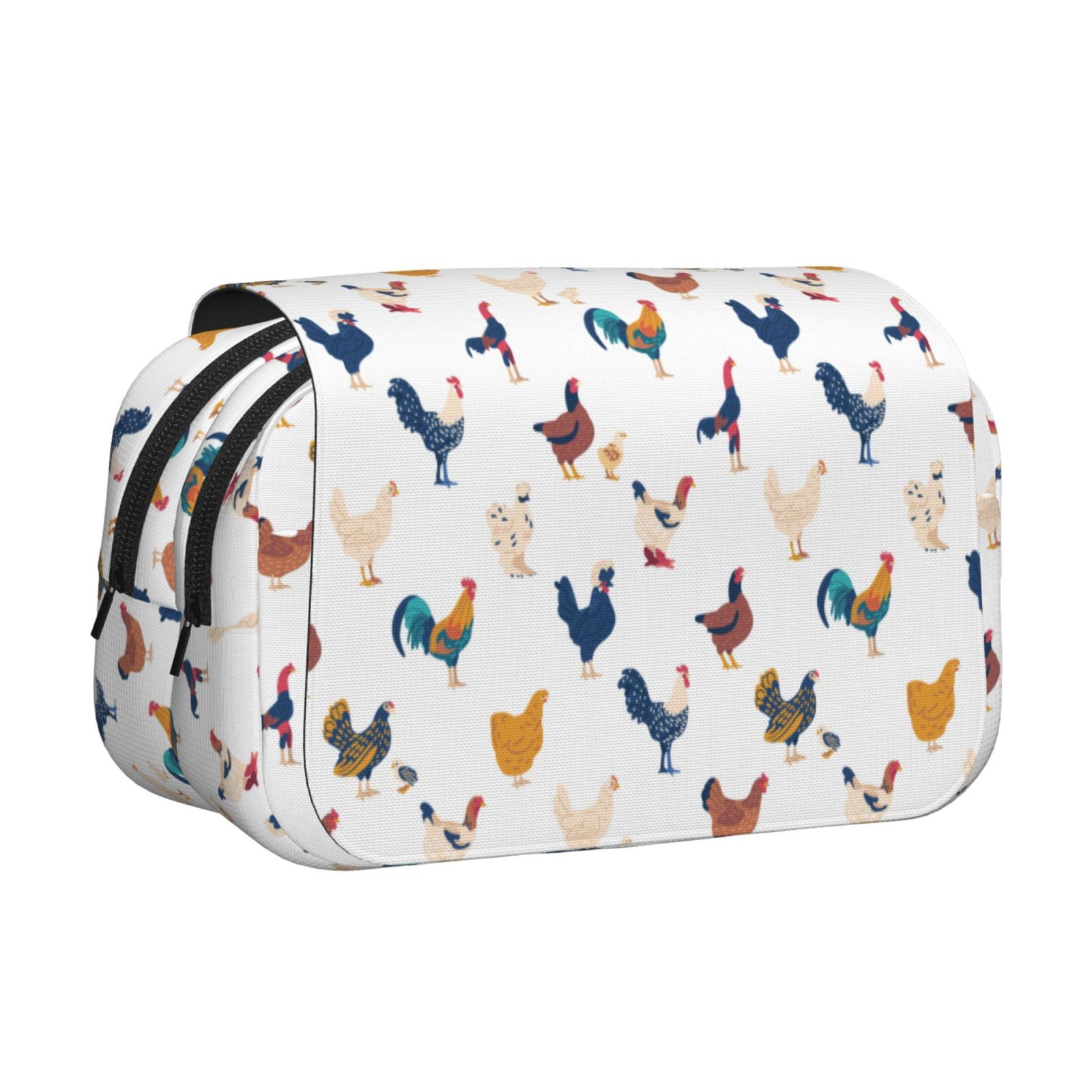 Rateoe Various Rooster Pattern Double Clamshell Pen Case, Storage Organizer with Two Zipper Compartments– Holds Up to 50 Pencils & Pens