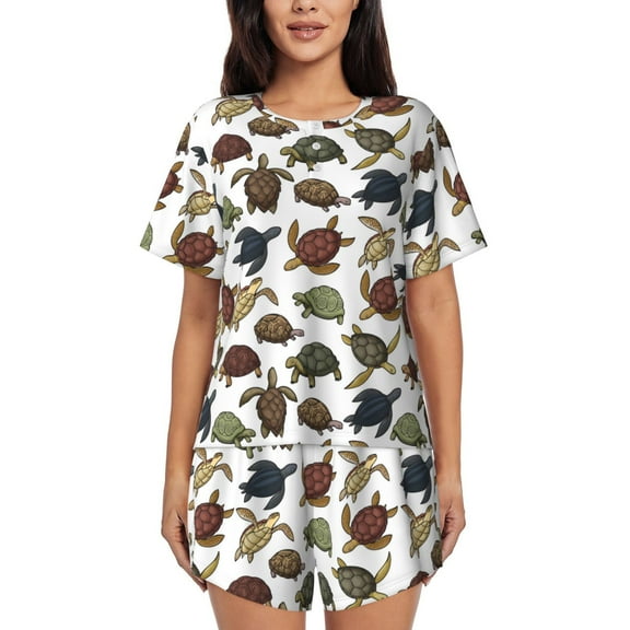 Rateoe Various Turtle Pattern Women's Short-Sleeved Pajama Set - 2 Piece Soft and Lightweight Sleepwear Set-Medium