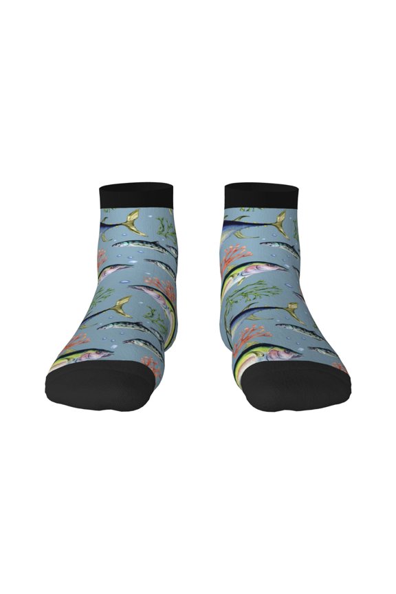 Various Wild Sea Fish Pattern Quarter Crew Socks,Toe Seamed Ankle Socks,Cotton Cushioned Breathable Athletic Crew Sports Socks