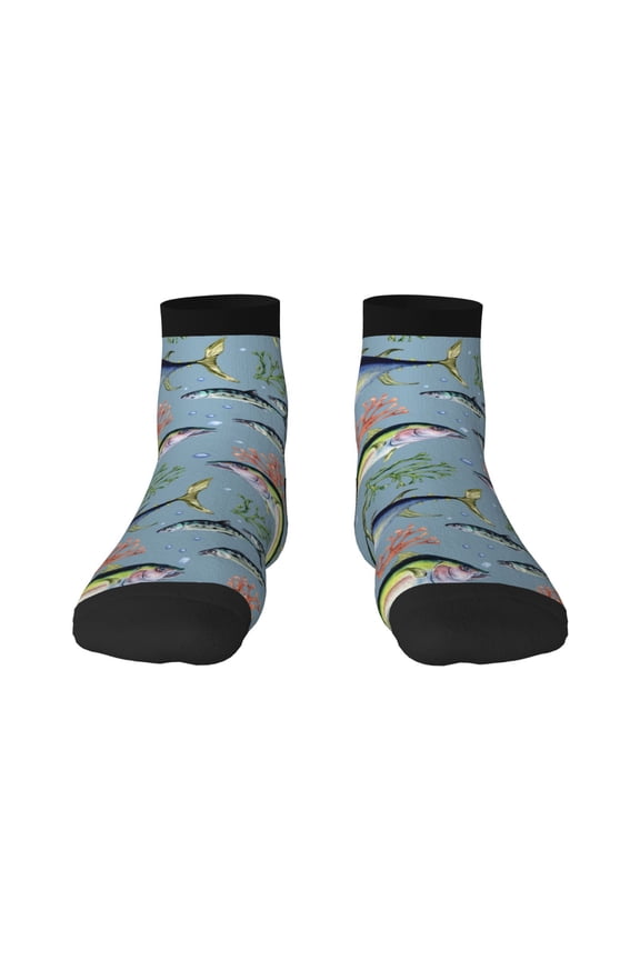 Various Wild Sea Fish Pattern Quarter Crew Socks,Toe Seamed Ankle Socks,Cotton Cushioned Breathable Athletic Crew Sports Socks