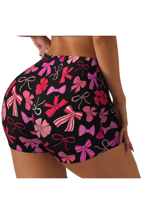 Various pink and red Bow knots Printed Power Workout Shorts for Women Tummy Control Squat Proof Ribbed Thick Seamless Scrunch Active Short-Large