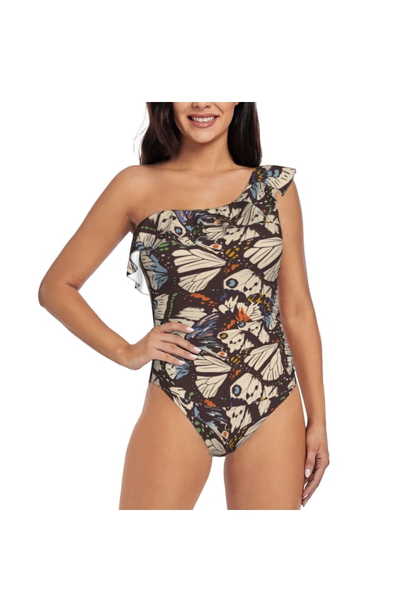Vector Butterflies Pattern Women One Piece Swimsuits Tummy Control One Shoulder Bathing Suits Ruffle Swimwear-Medium