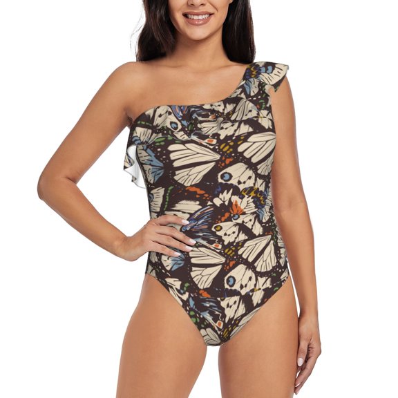 Rateoe Vector Butterflies Pattern Women One Piece Swimsuits Tummy Control One Shoulder Bathing Suits Ruffle Swimwear-
